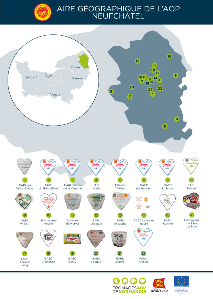 Carte des producteurs habilités en AOP Neufchâtel Carte de la zone d'appellation Neufchâtel